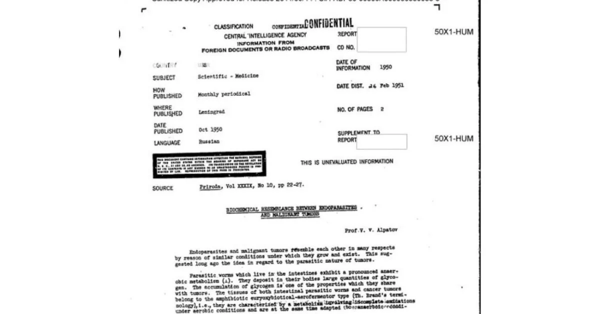 Documento da CIA de 1951 relança hipótese: câncer e vermes parasitas poderiam responder ao Myracyl D