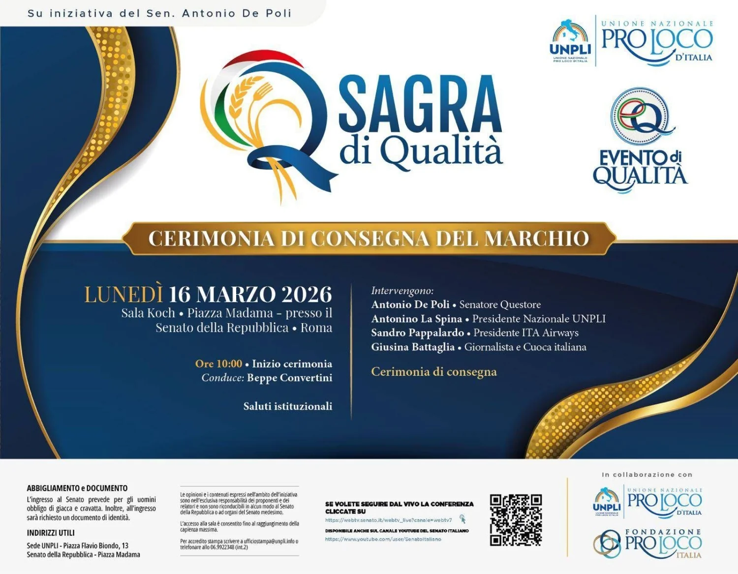 No Senado, Unpli entrega 44 selos 'Sagra di Qualità' e 21 'Evento di Qualità' em reconhecimento a tradições locais