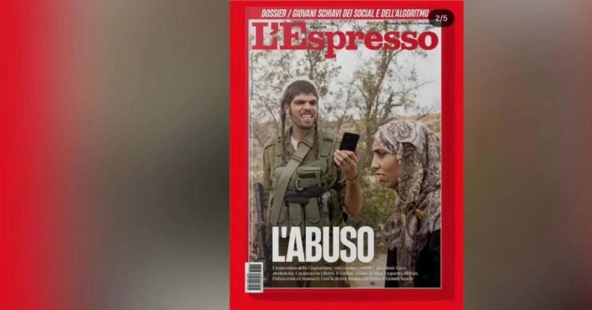Capa de L'Espresso provoca debate: colono israeliano filma mulher palestina em cena que divide opiniões