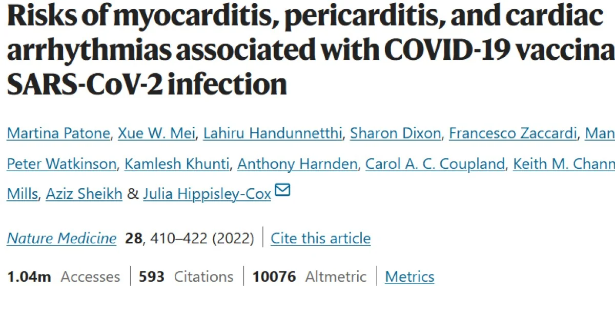 Estudo britânico relaciona miocardite, pericardite e arritmias cardíacas à vacinação e à infecção por SARS‑CoV‑2