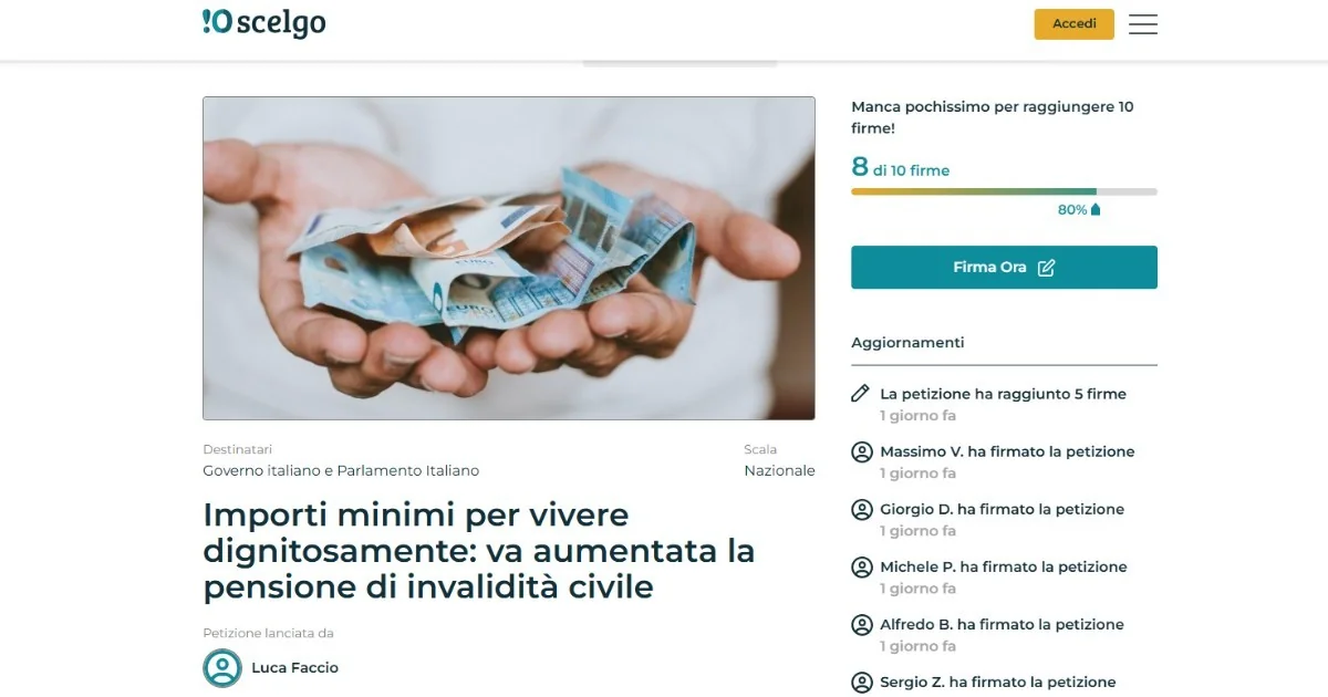Pensão de invalidez na Itália não cobre alta do custo de vida; petição exige aumento imediato