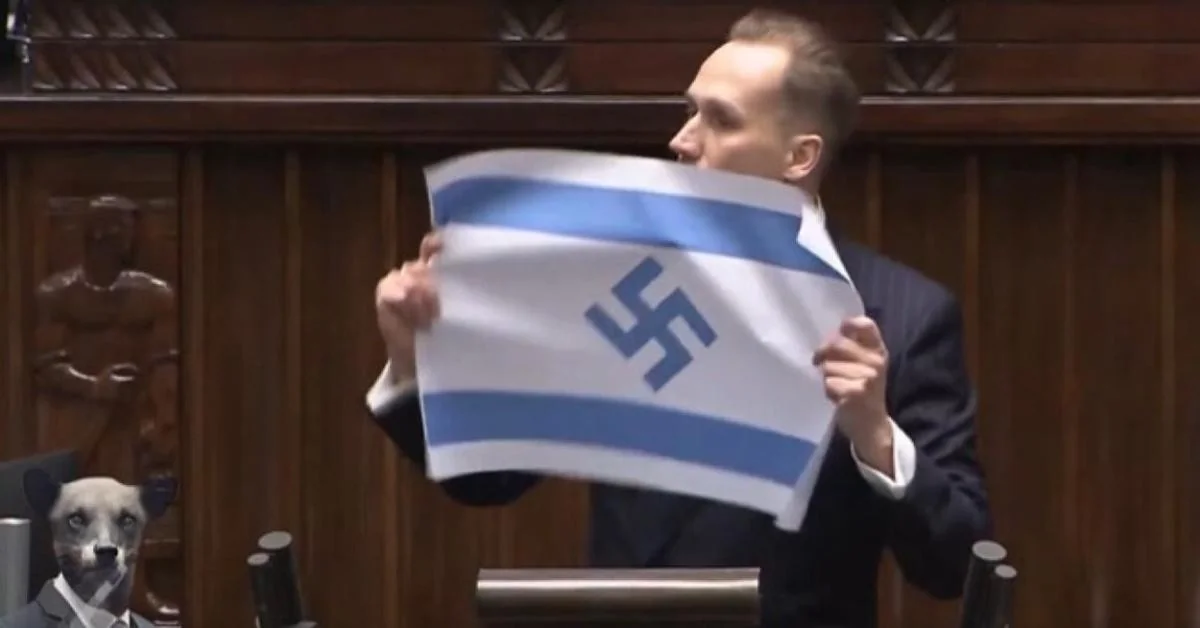 Polônia: deputado exibe bandeira de Israel com suástica e acirra debate sobre antissemitismo e geopolítica