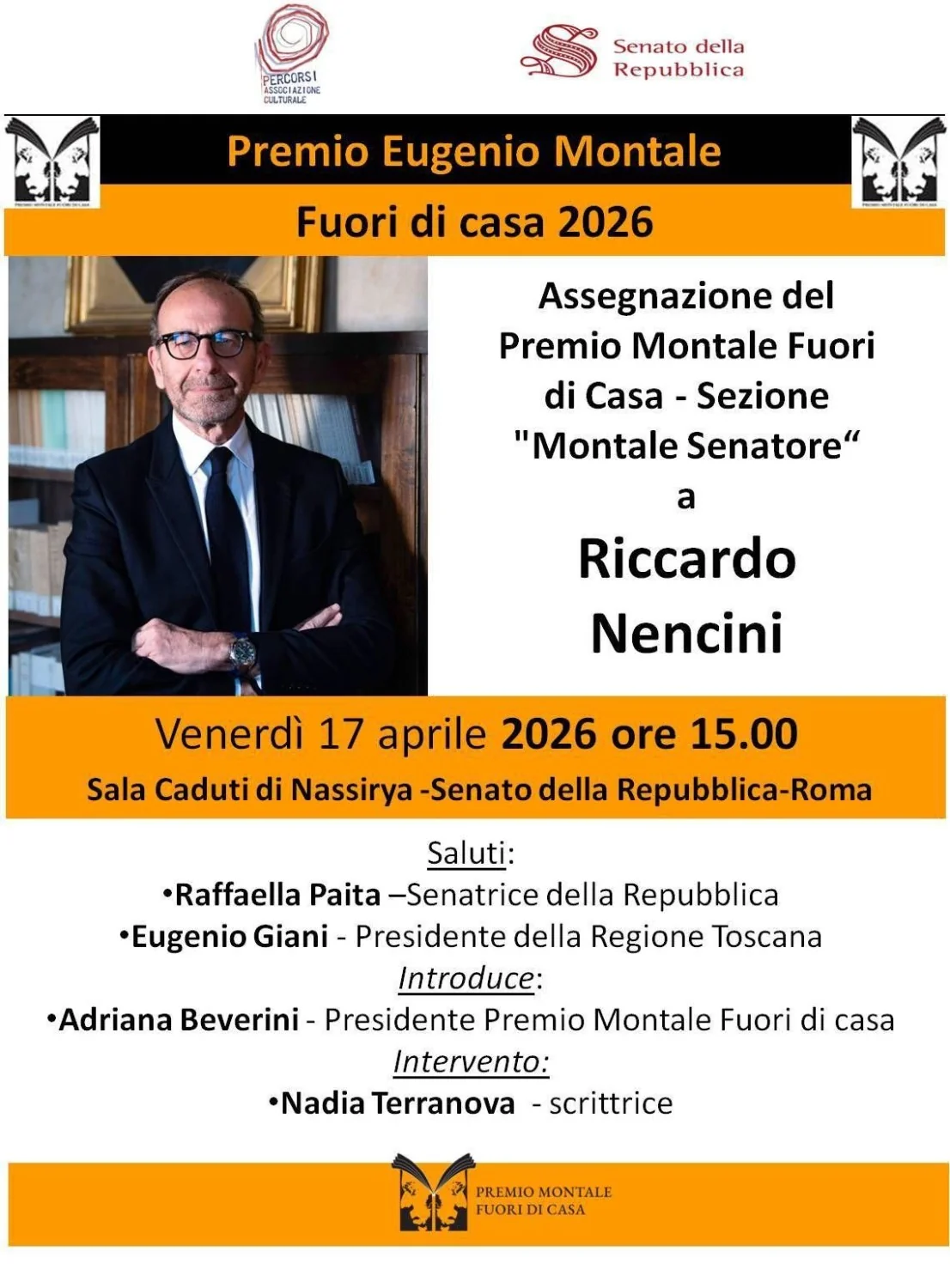 Riccardo Nencini recebe o Prêmio Montale Fuori di Casa na seção 'Montale Senatore'