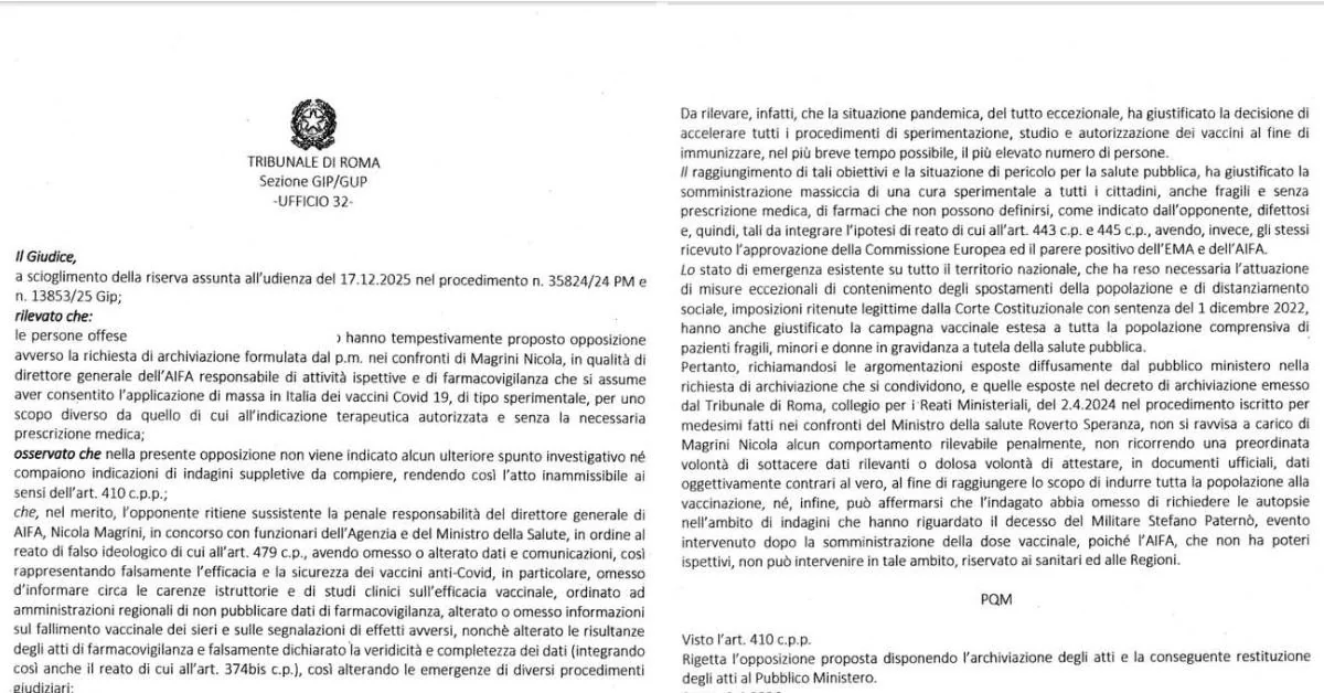 Tribunal de Roma arquiva inquérito sobre o vacino Covid: Magrini absolvido por insuficiência de provas