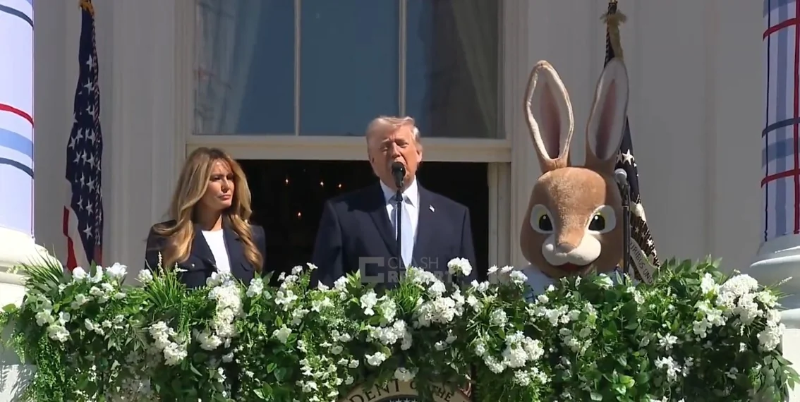 Trump, ao lado do coelho gigante no Easter Egg Roll, aborda resgate do piloto e lança ultimato ao Irã