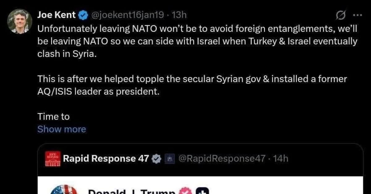 Analista Joe Kent: Trump avaliaria saída dos EUA da NATO para apoiar militarmente Israel na Síria contra a Turquia