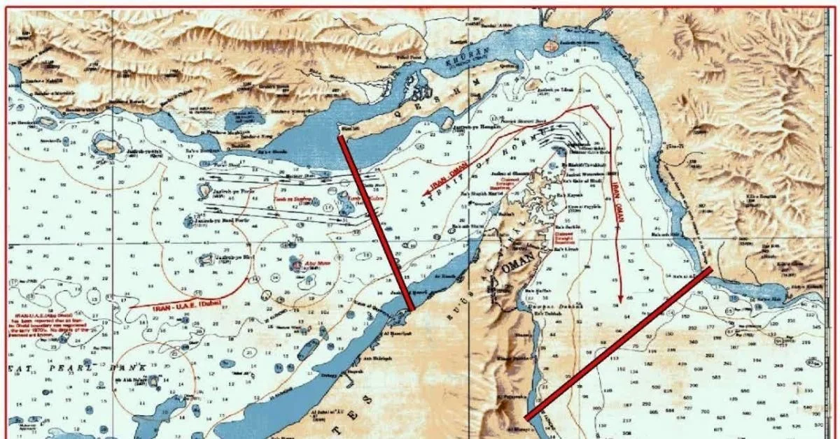 IRGC divulga mapa que reivindica controle ampliado do Estreito de Hormuz entre Qeshm, Umm al-Quwain e Monte Mobarak–Fujairah