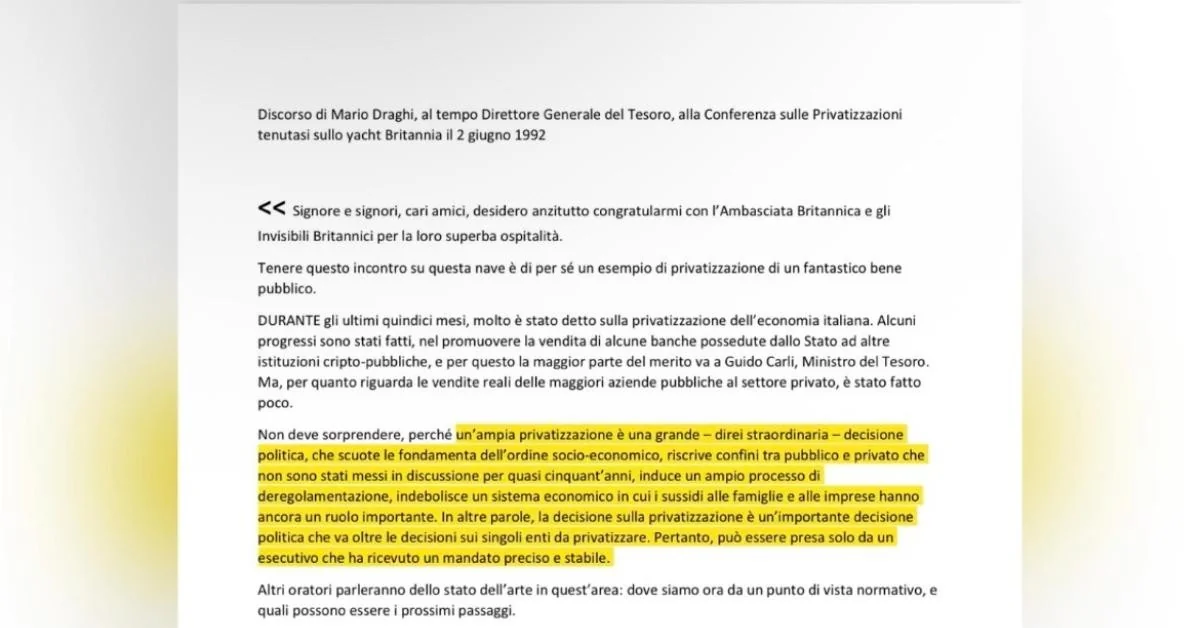 Draghi no Britannia (1992): 'Objetivo fazer caixa' e o discurso que impulsionou as privatizações italianas