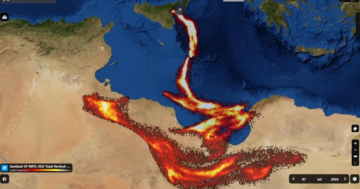 Etna lança pluma de dióxido de enxofre que alcança Norte da África, mostram imagens de satélite