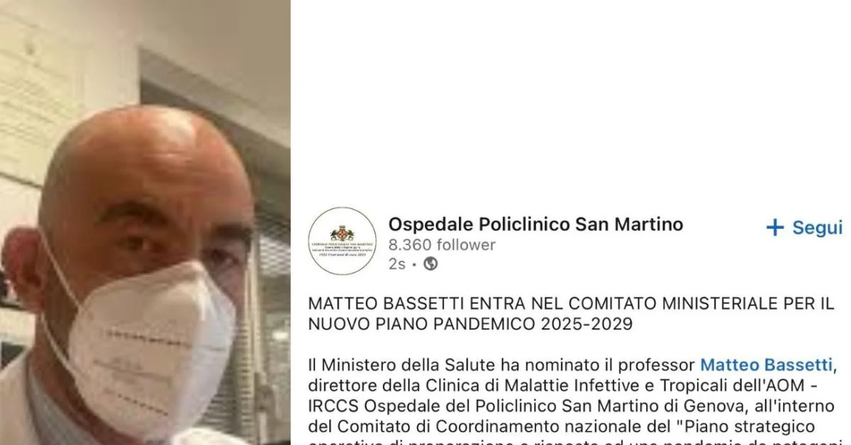 Bassetti nomeado coordenador científico da Ligúria no Plano Pandêmico 2025–29; controvérsia sobre origem da escolha
