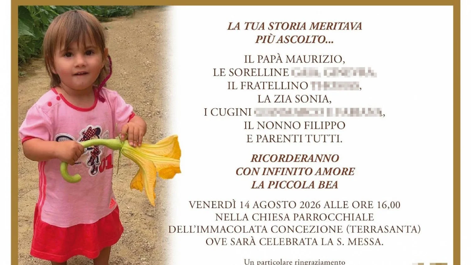 Funeral de Beatrice em Bordighera reúne centenas; mãe, presa, foi impedida por ordem judicial