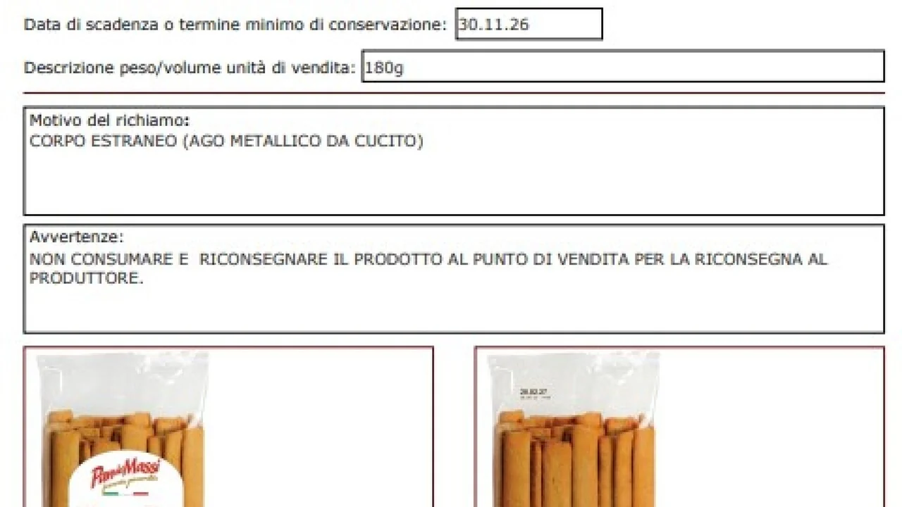 Lote de grissini 'Lingue di Pane' é retirado após suspeita de agulha metálica