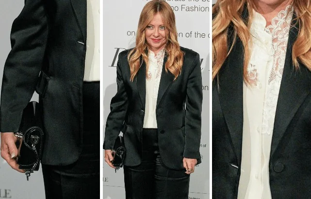 Meloni na Fashion Week: tailleur preto de Ermanno Scervino na jantar em Palazzo Reale