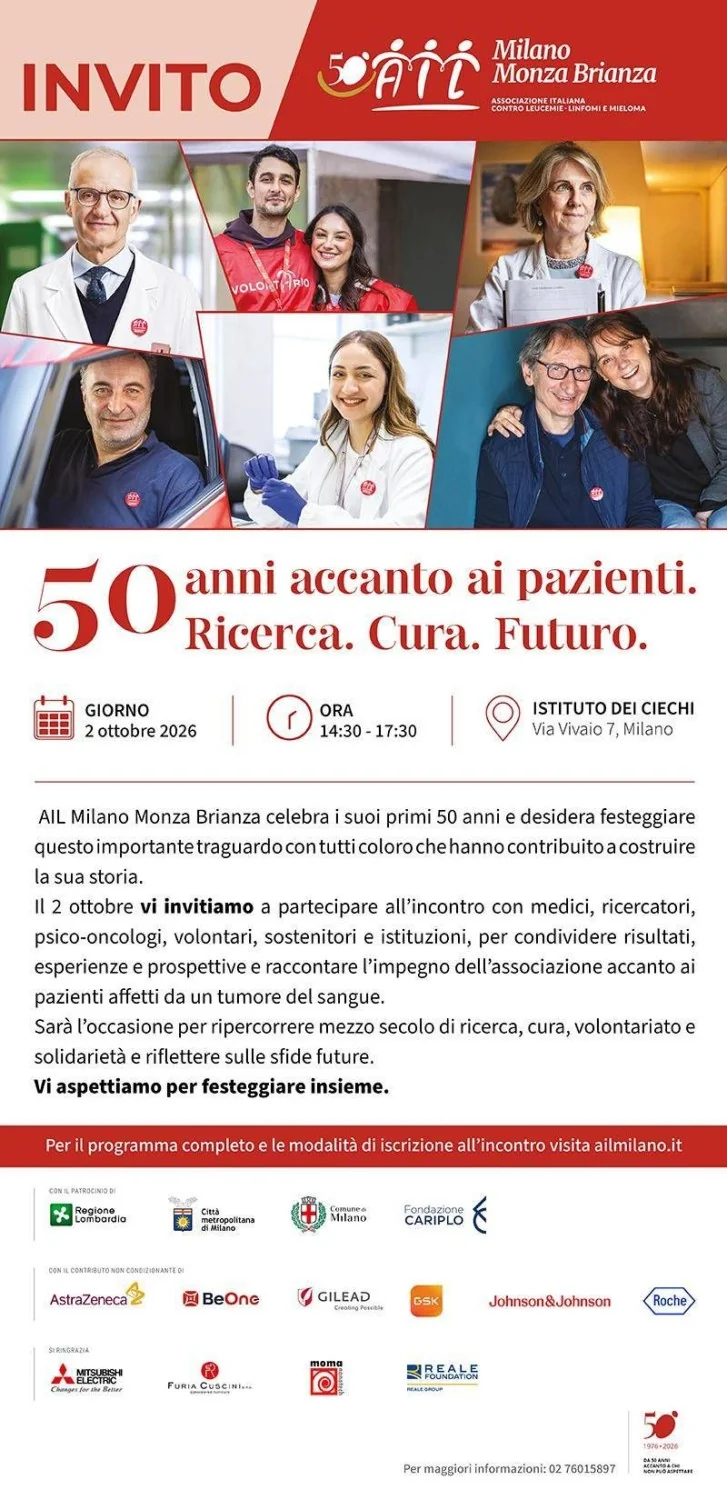 Ail Milano Monza Brianza celebra 50 anos: meio século ao lado dos pacientes e da pesquisa em onco-hematologia